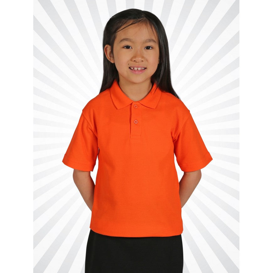 Child wearing an orange polo shirt against a white background