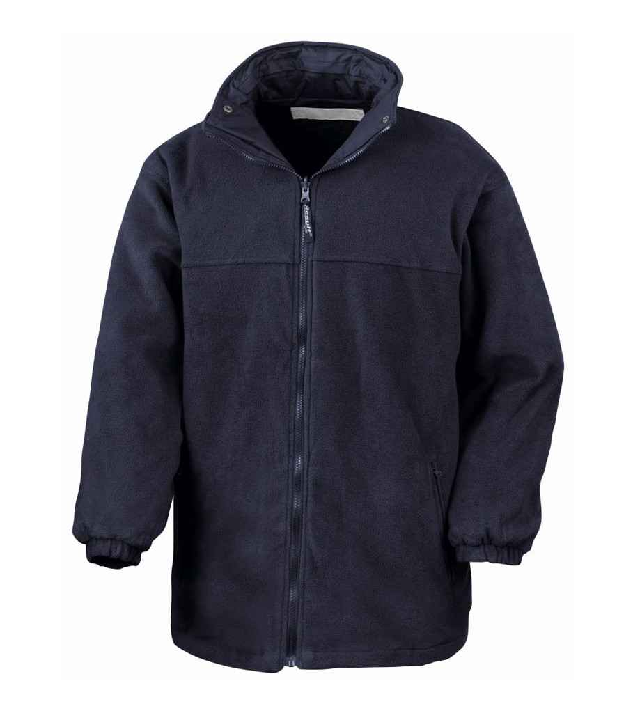Navy blue jacket with a hood on a white background