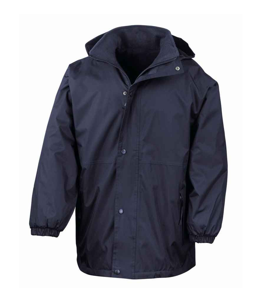 Navy blue raincoat with a hood on a white background