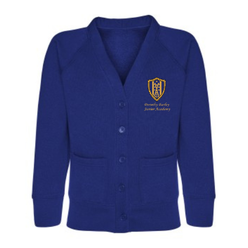 Blue cardigan with a logo and text on a white background