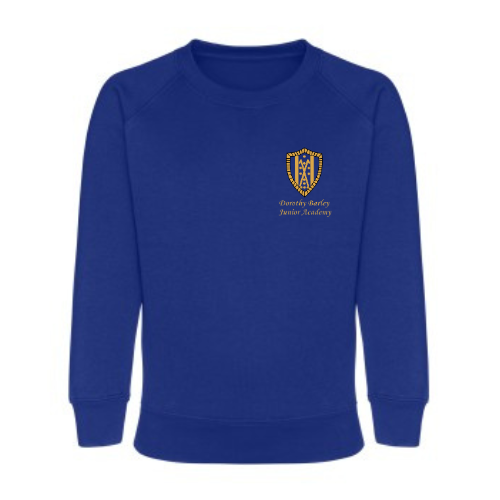 Blue sweatshirt with a yellow emblem and text on a white background