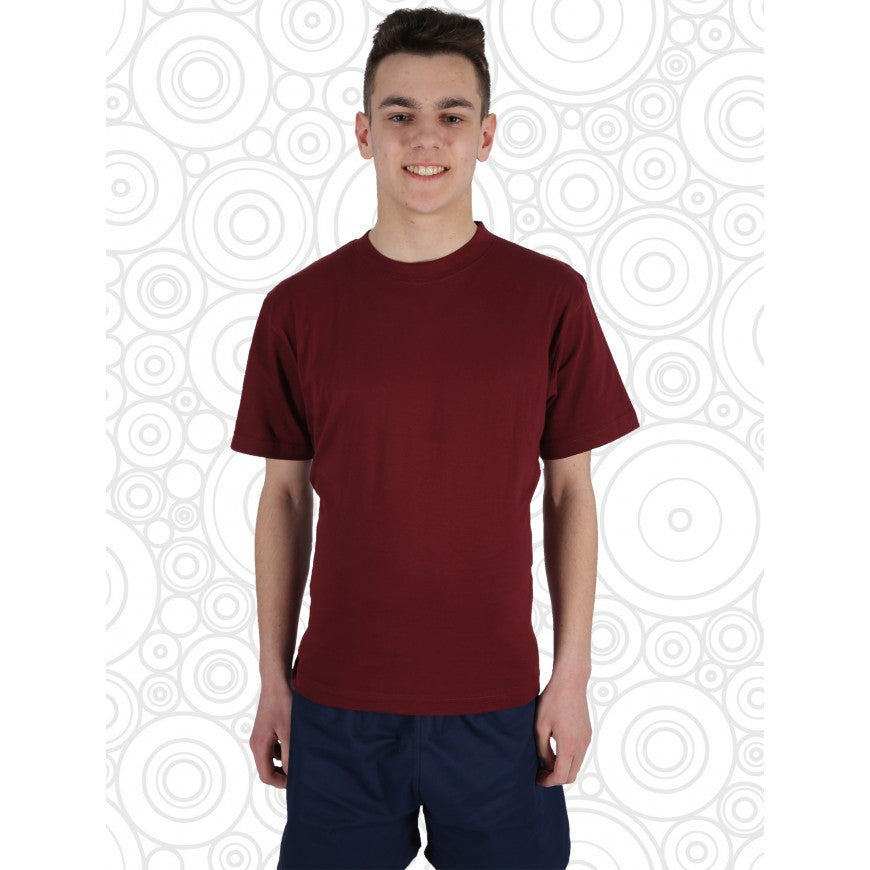 Person wearing a maroon t-shirt and navy shorts against a white background with circular patterns