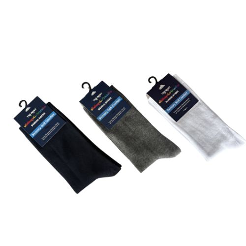 Three pairs of socks in black, gray, and white with packaging on a white background