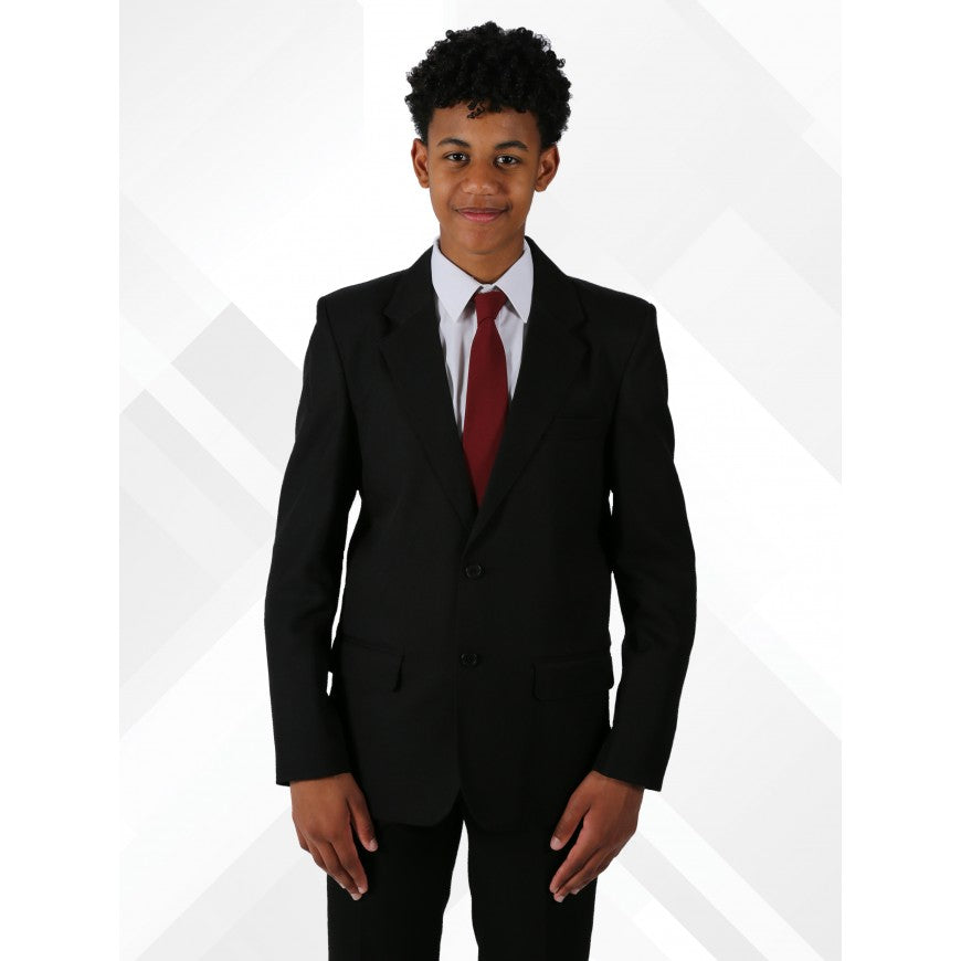 Person wearing a black suit with a red tie on a white background