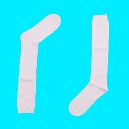 Two white knee-high socks on a blue background