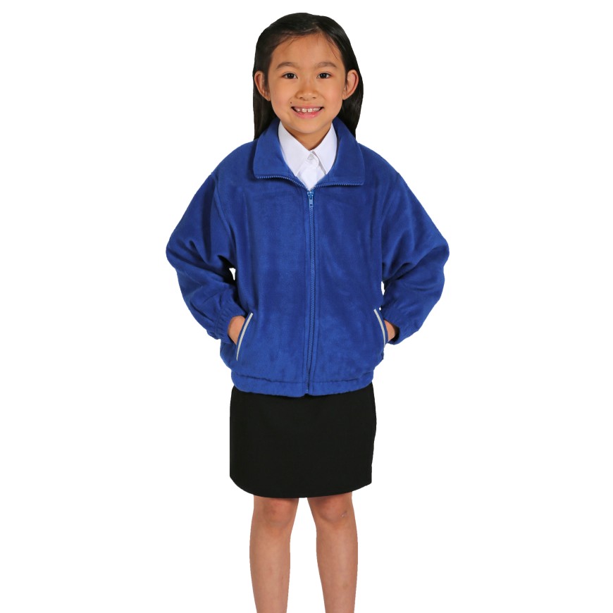 Child wearing a blue fleece jacket on a white background