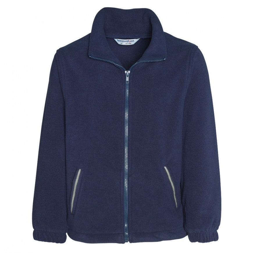 Navy blue fleece jacket on a white background