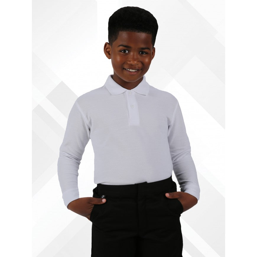 Child wearing a white long-sleeve polo shirt and black pants on a white background