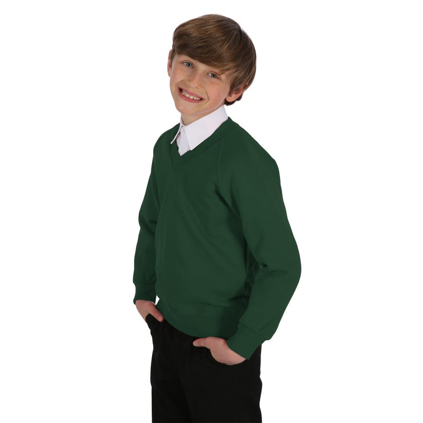 Young boy wearing a green sweater over a white shirt on a white background
