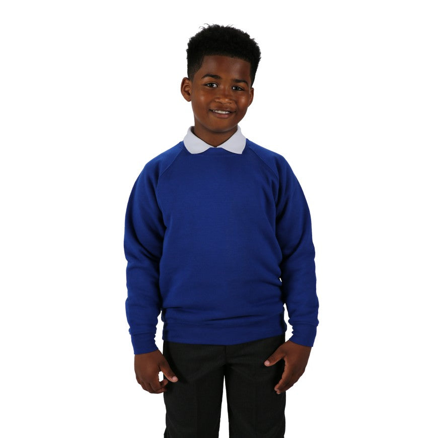Child wearing a blue sweater with a white collar on a white background