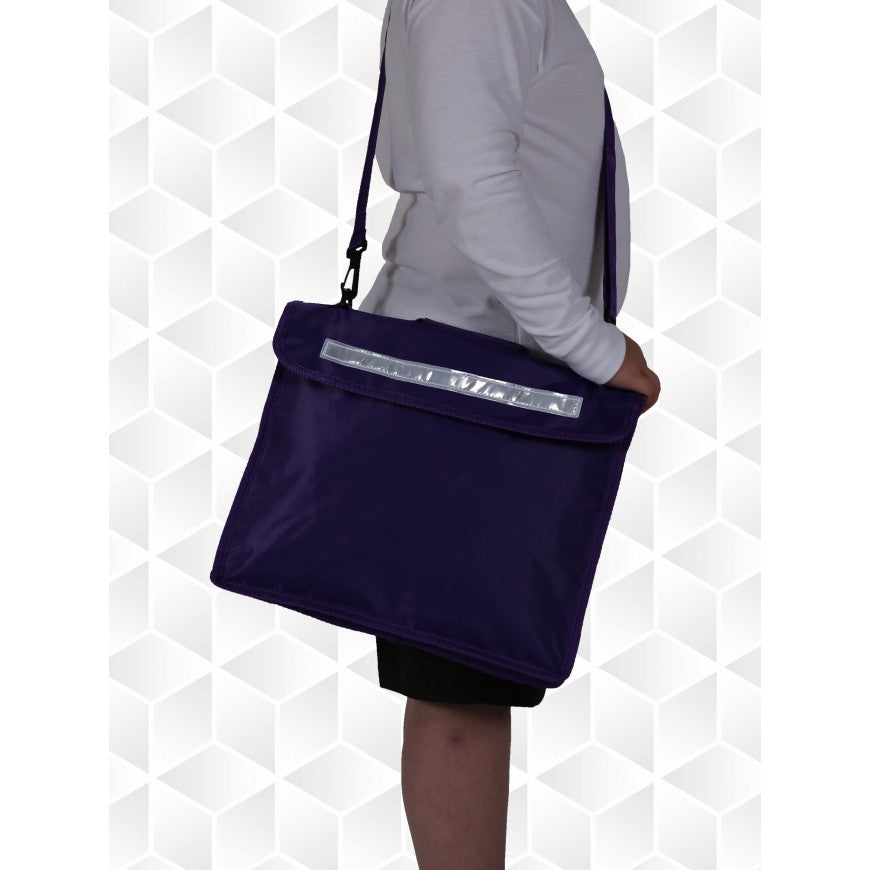 Person carrying a purple bag with a reflective strip on a white geometric patterned background