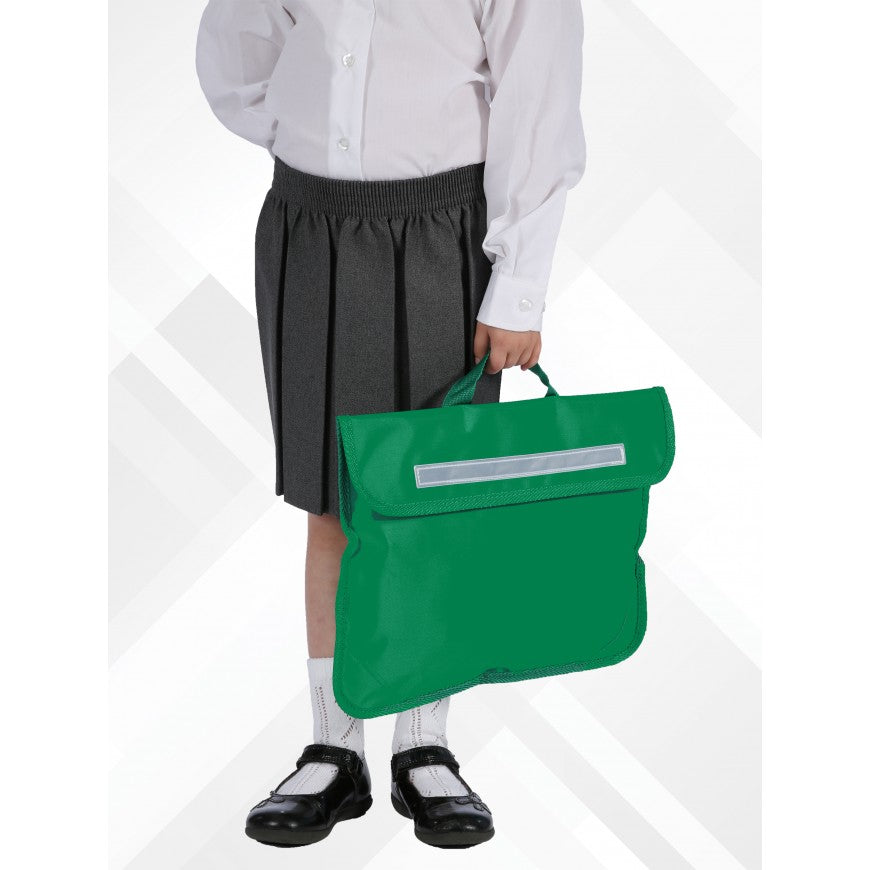 Person wearing a green bag with reflective strip on a white background