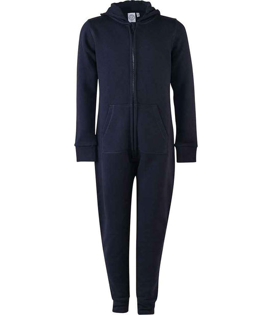 Navy blue onesie with a hood on a white background