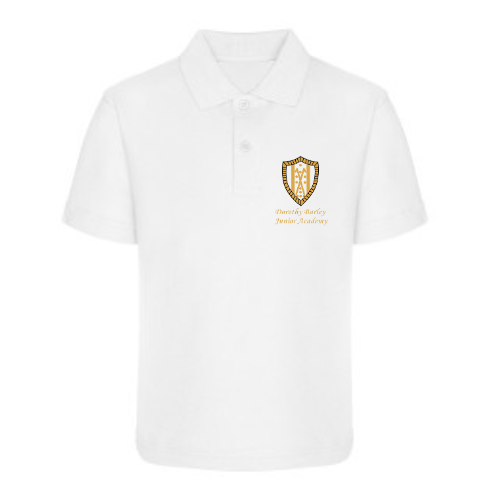 White polo shirt with a gold emblem and text on a white background