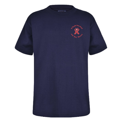 A red short-sleeved crew neck t-shirt with an embroidered logo on the upper left chest area, labeled with 'St Osyth Pre School and Day Nursery'.