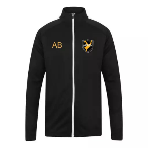 A black tracksuit top with white contrast logo and zip details, featuring a funnel neck and ribbed cuffs.