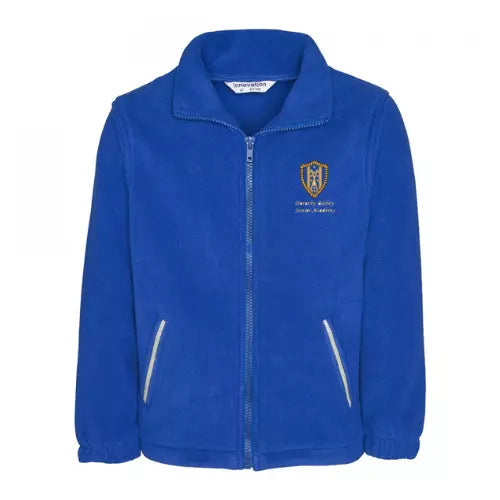Royal blue fleece jacket with full-length zip, collar, two large front pockets, and elasticated cuffs. The jacket features reflective triangles on the front and back, and an adjustable drawcord at the hem.