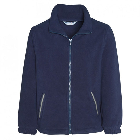 Navy blue fleece jacket on a white background