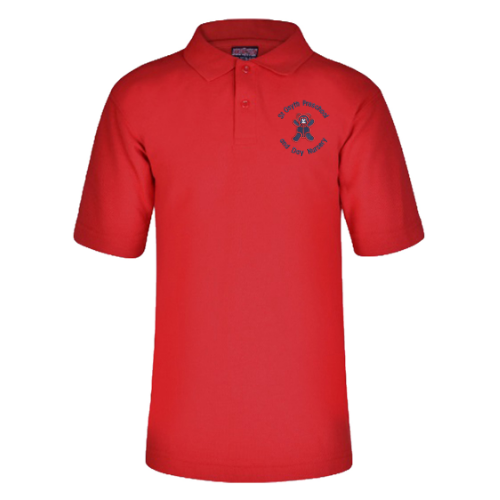 A navy blue short-sleeved polo shirt with a collar, buttons, and a logo on the chest.